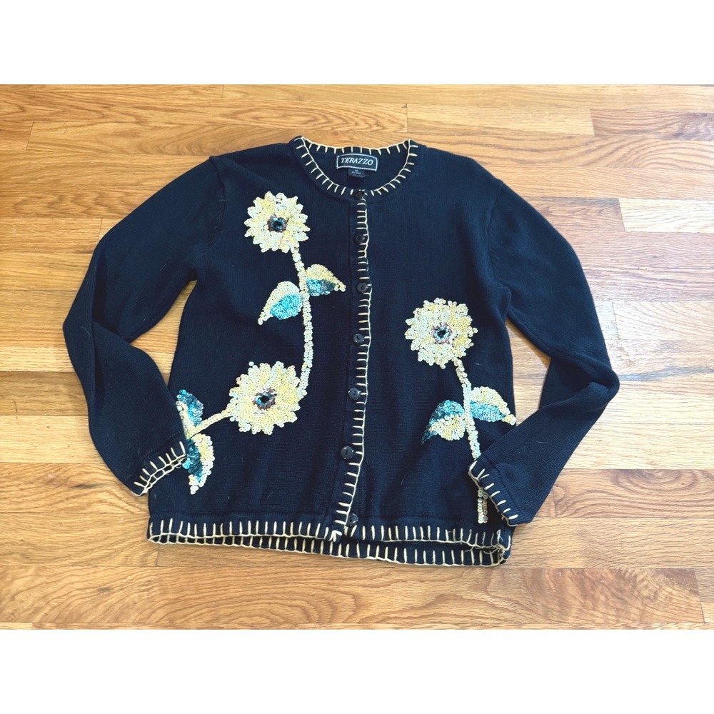 Terazzo Womens Black Sequin Sunflower Embroidered Cardigan Sweater Medium